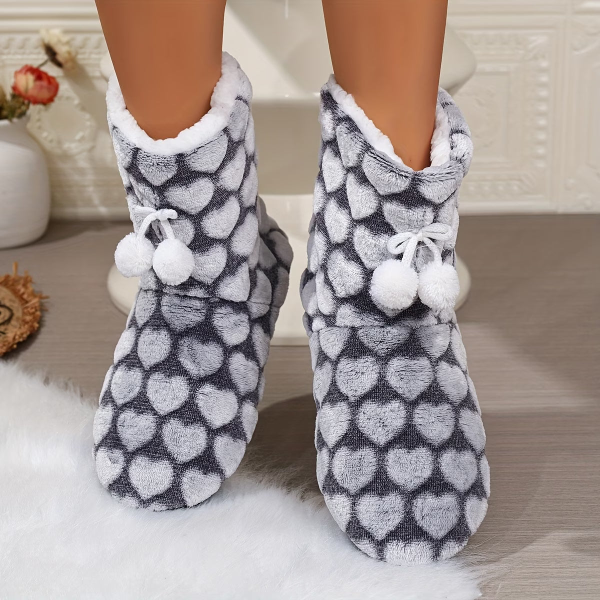 Women's Winter Warm Ankle Boots – Heart Pattern Slip-On Home Boots