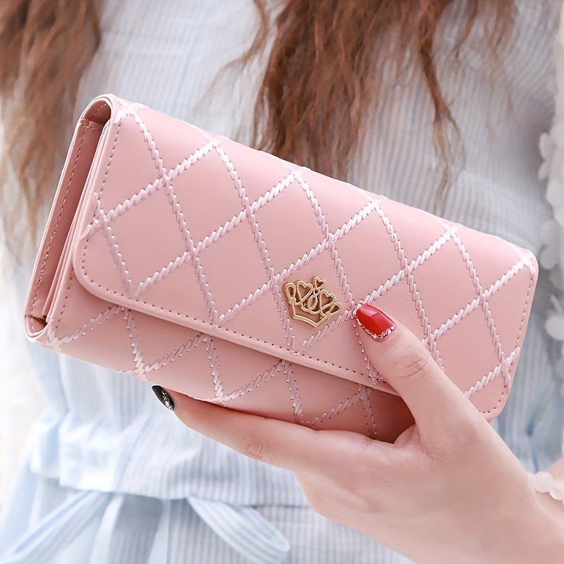Trendy Argyle Checked Tri-Fold Long Wallet – Multi-Card Slot Purse