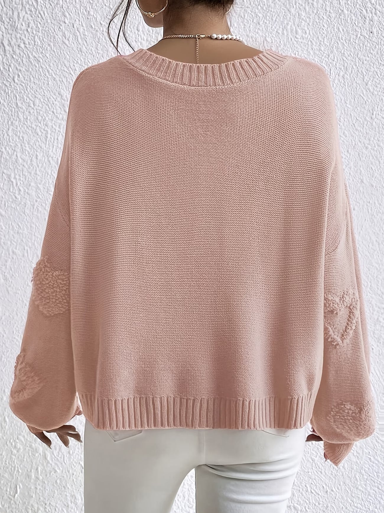 French Elegant Heart Studded Bead Pullover Sweater