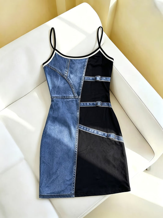 Black & Blue Contrast Faux Denim Patchwork Spaghetti Dress