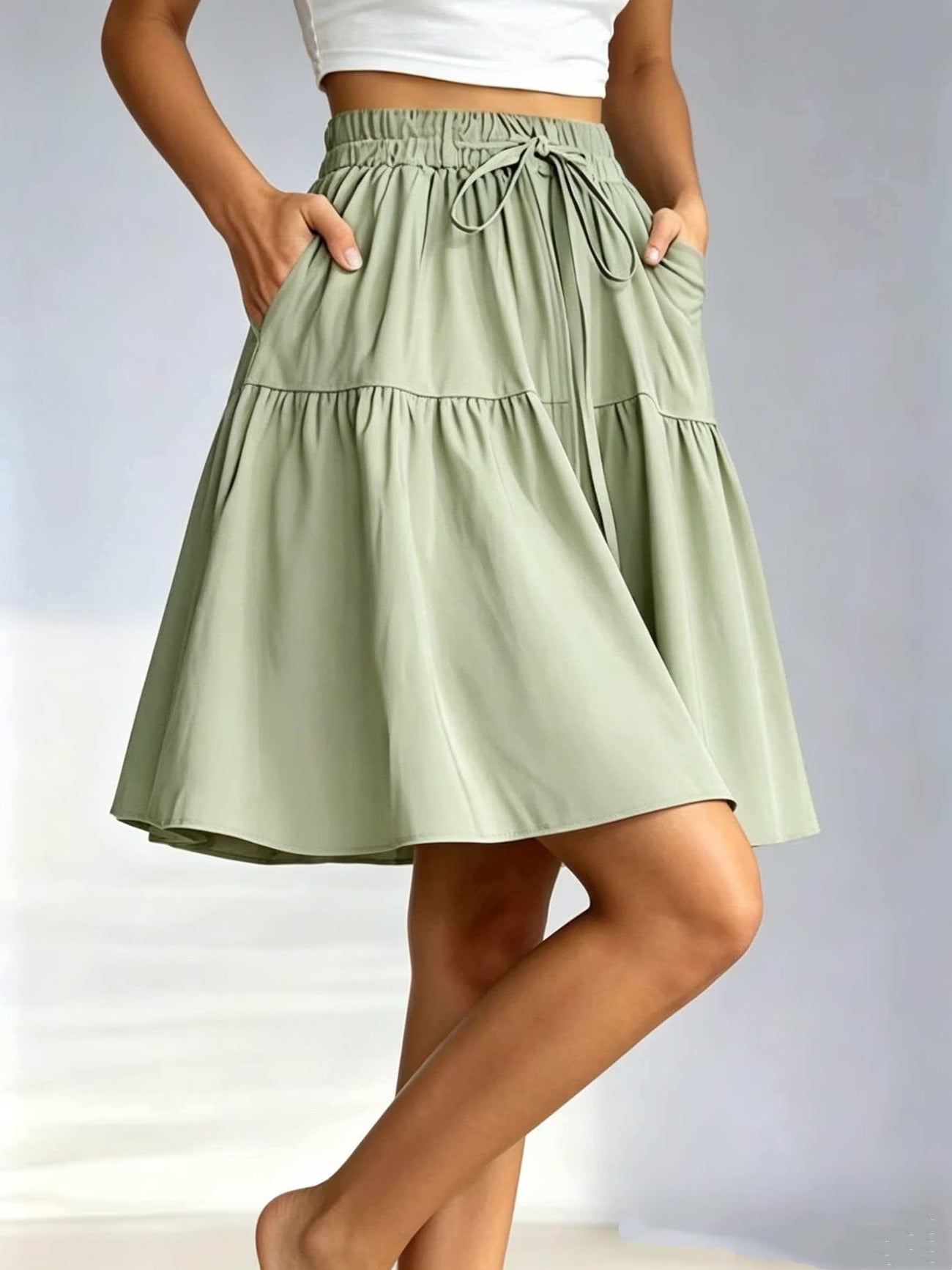 Matcha Green High-Waist A-Line Flared Skirt