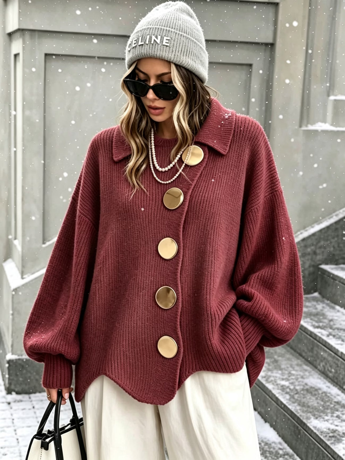 Women's Button-Up Cardigan – Lantern Sleeves, Asymmetric Lapel & Irregular Hem
