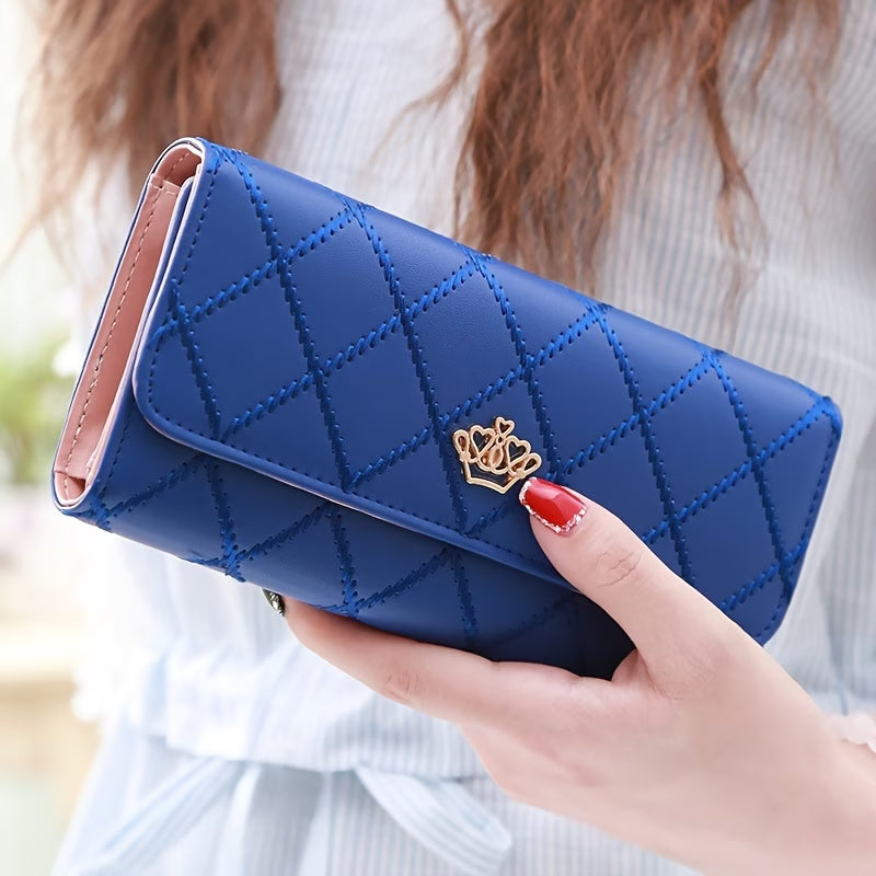 Trendy Argyle Checked Tri-Fold Long Wallet – Multi-Card Slot Purse
