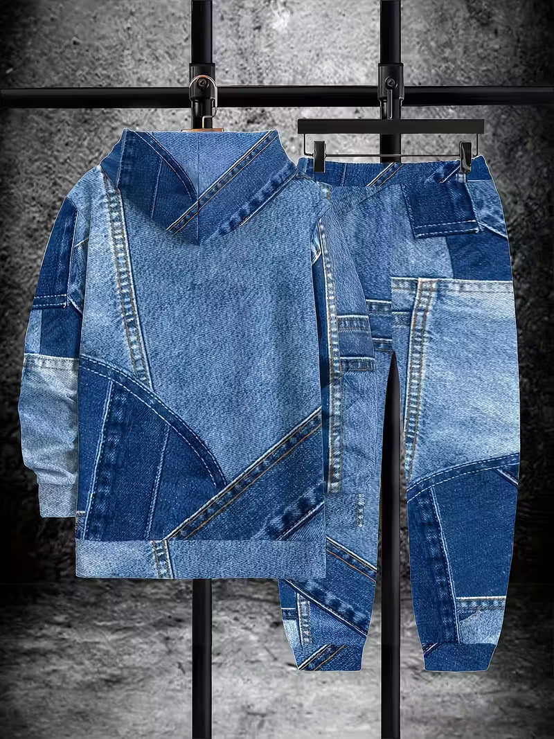 fashion letter/denim effect hooded sweatshirt and sweatpants two-piece