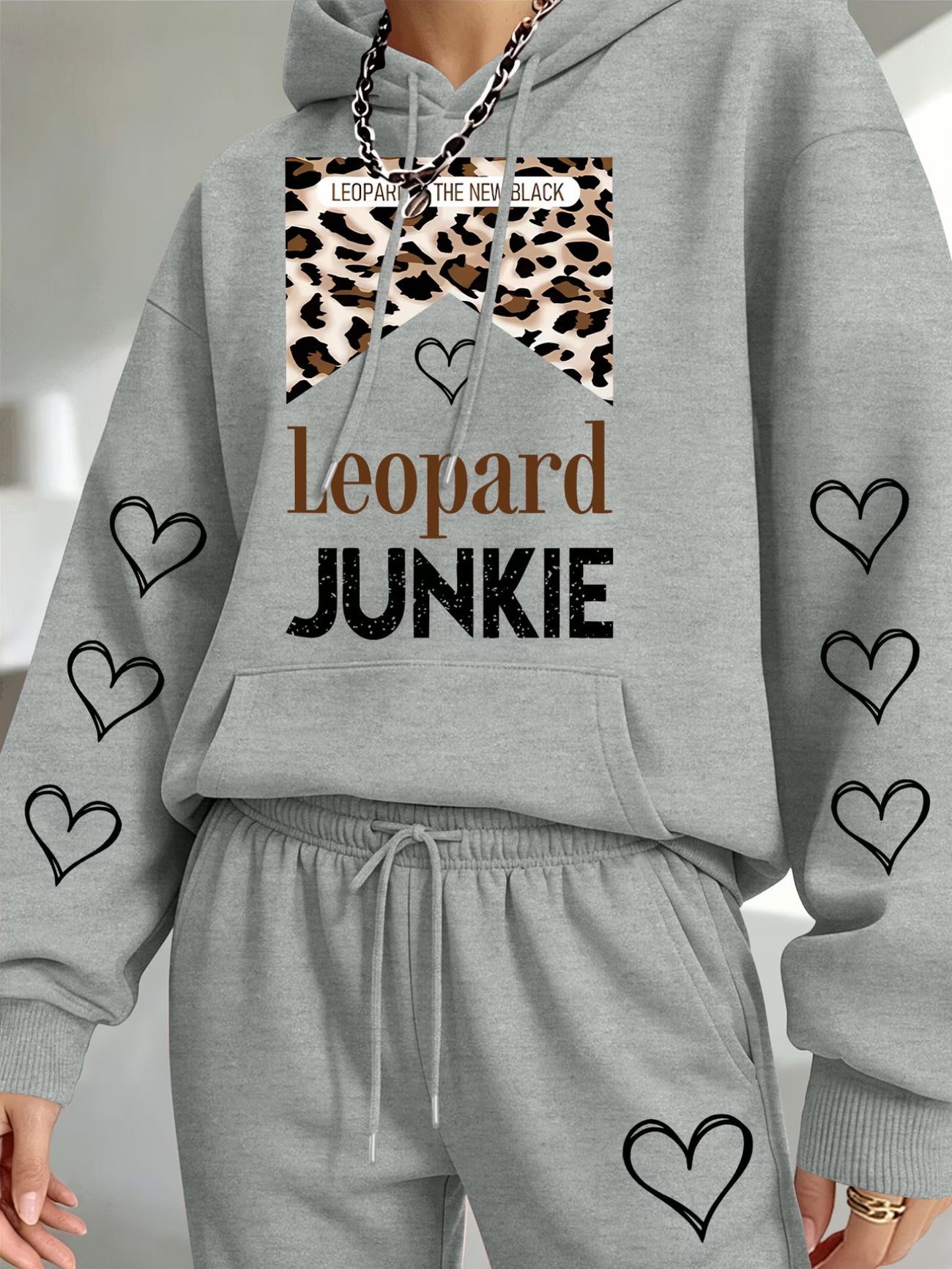 Leopard Junkie Heart Print Hooded Sweatshirt & Joggers Set