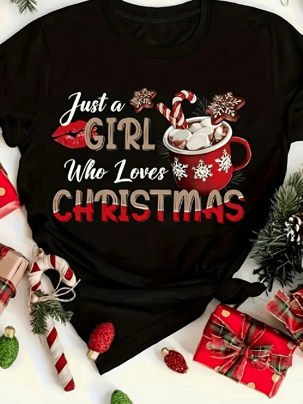 Women’s Christmas Hot Cocoa, Candy Cane & Gingerbread T-Shirt – Black