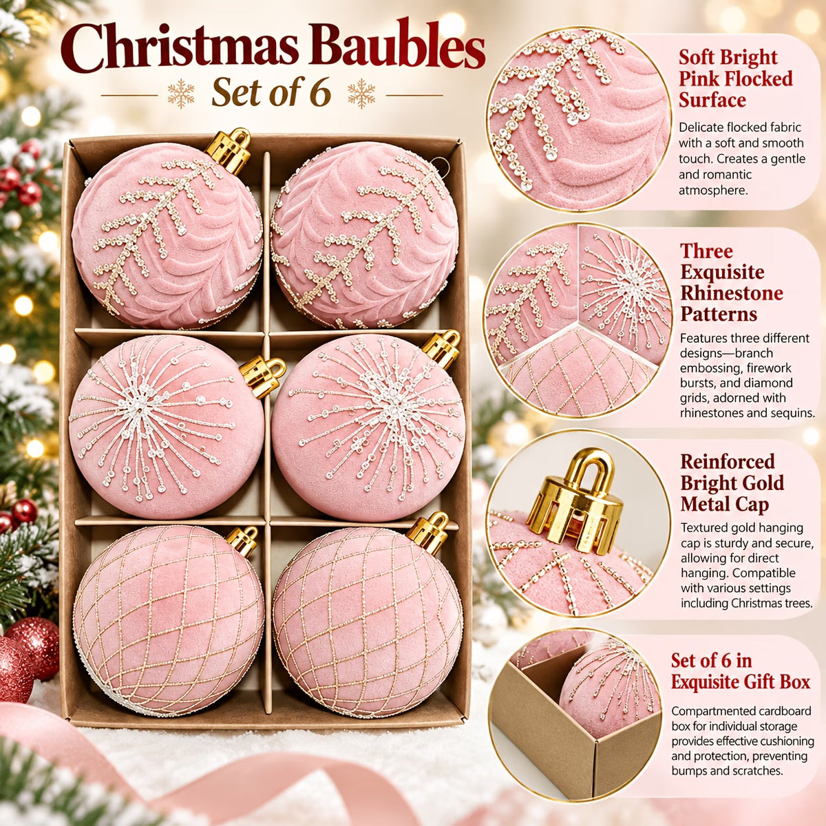 Pink Velvet Christmas Ball Set - 6pcs, Rhinestone Snowflakes, Gift Box