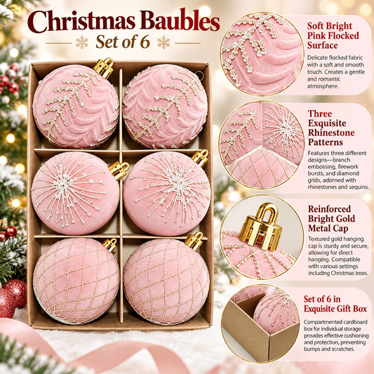 Pink Velvet Christmas Ball Set - 6pcs, Rhinestone Snowflakes, Gift Box