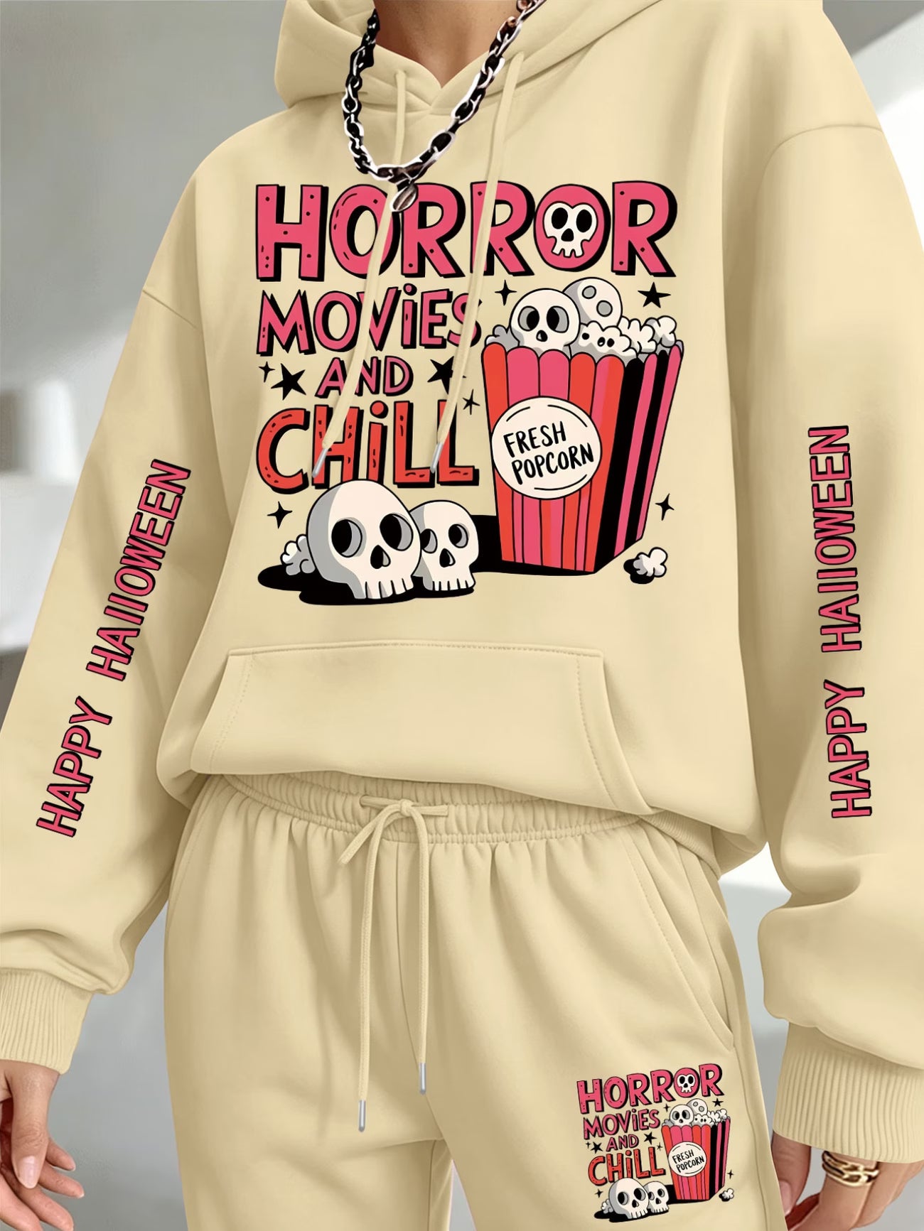 Halloween Skull & Popcorn Hooded Sweatshirt & Joggers Set