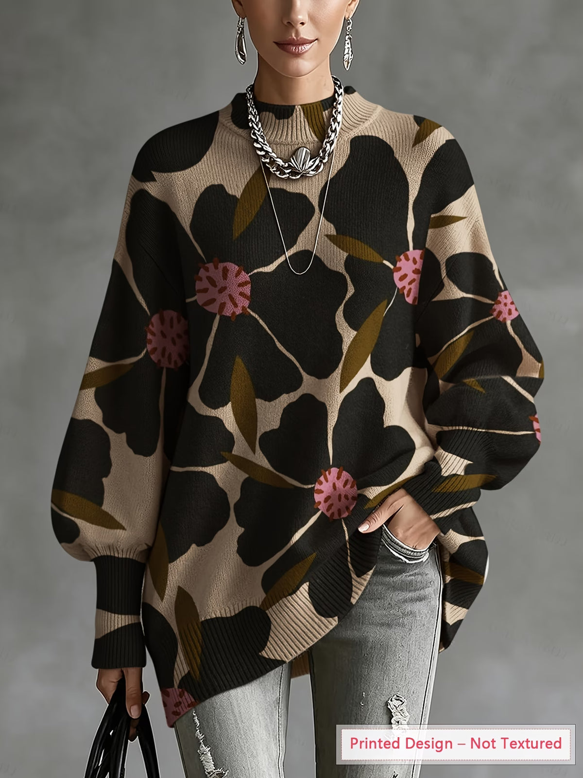 Women's Oversized Abstract Floral Sweater with Lantern Sleeves