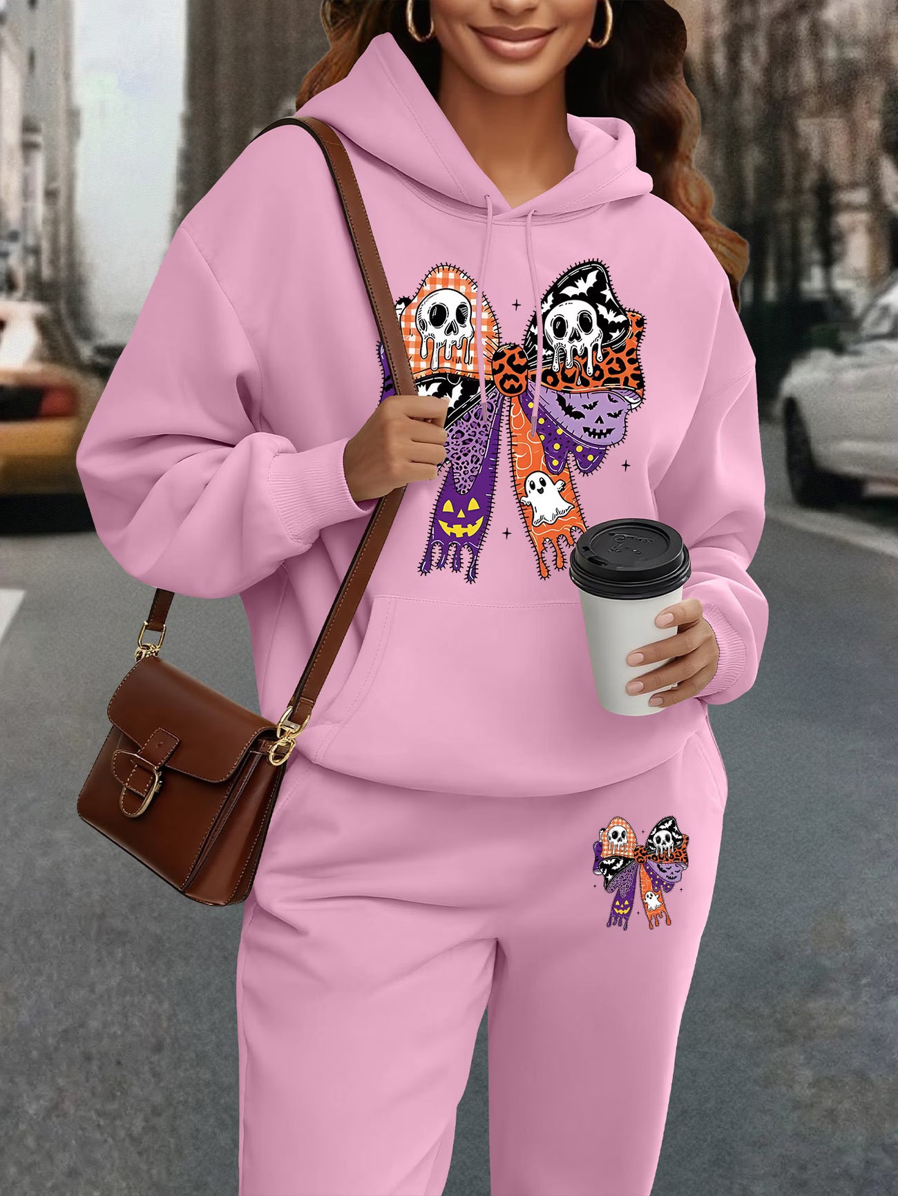 Plus Size Halloween Oversized Hoodie & Sweatpants Set — Creative Bow Print