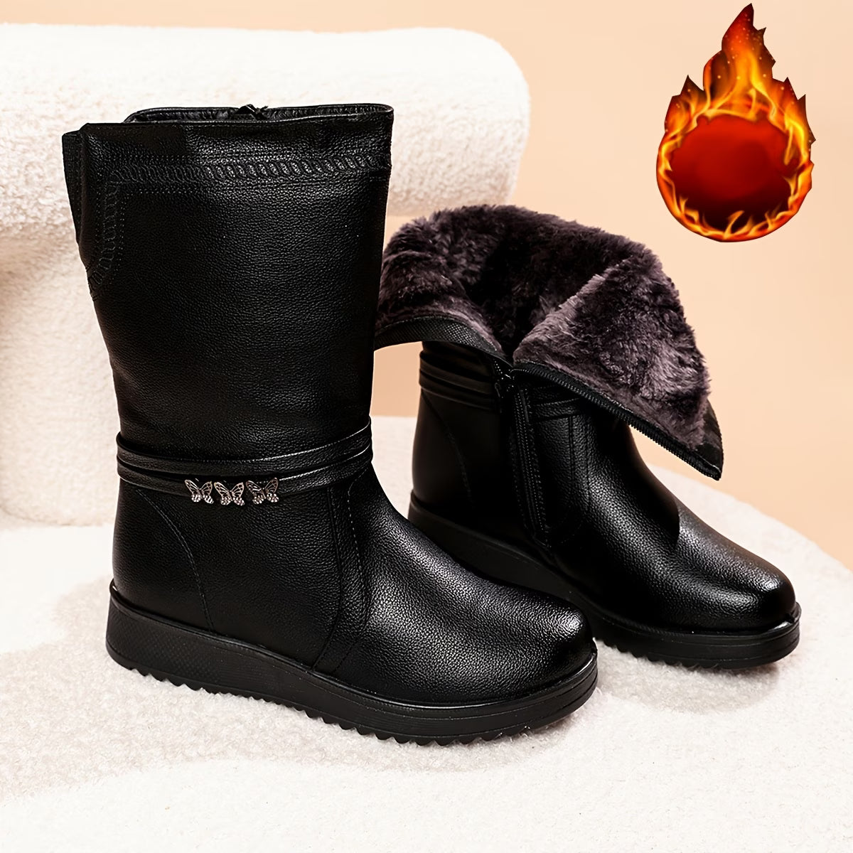 Women's Elegant Black Embroidered Mid-Calf Boots with Bow Buckle & Mid-Heel