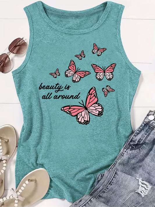 Women's Butterfly Slogan Print Sleeveless Vest | Graphic Tank Top