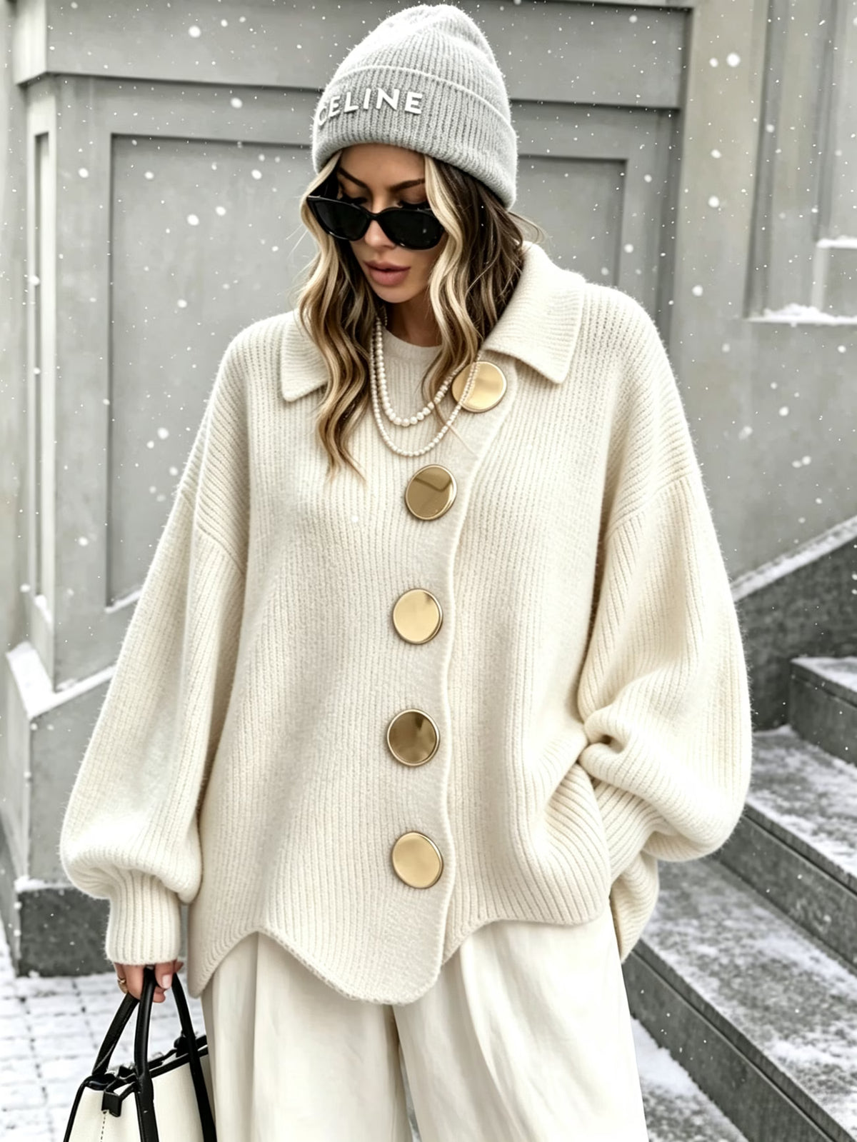 Women's Button-Up Cardigan – Lantern Sleeves, Asymmetric Lapel & Irregular Hem