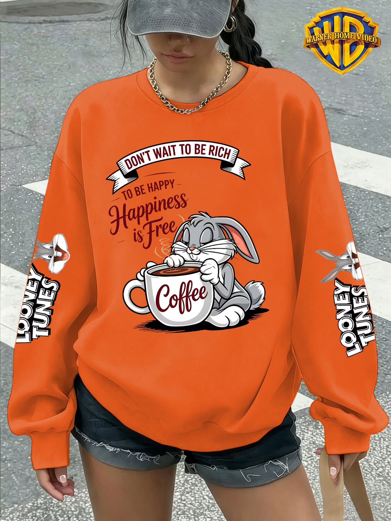 Women's Crew Neck Sweatshirt – Coffee-Themed Cartoon Bunny Graphic