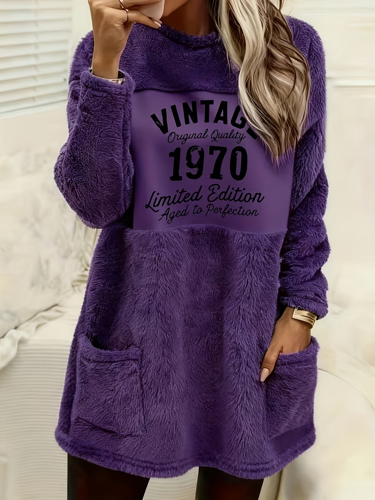 Women's Vintage Letter Print Plush Sweatshirt Dress
