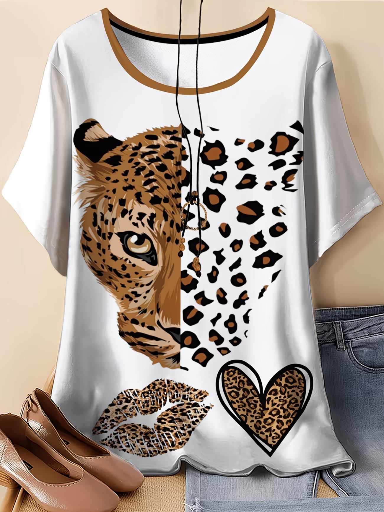 Leopard Print Round Neck T-Shirt — Plus Size