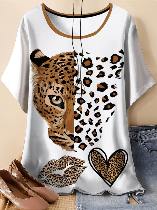 Leopard Print Round Neck T-Shirt — Plus Size