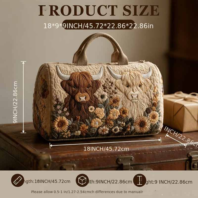 Highland Cow Floral Embroidered Quilted Duffle Bag