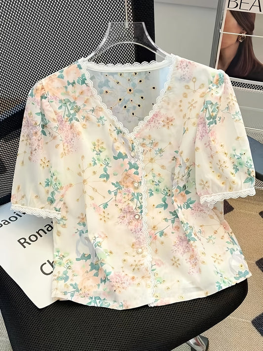 Women's Floral Face Print Blouse — Hollow Embroidery & Short Sleeve Summer Top