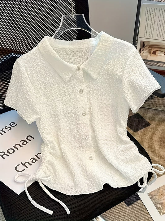 Women's White Drawstring Blouse — Short Sleeve Button Detail | Elastic Waist
