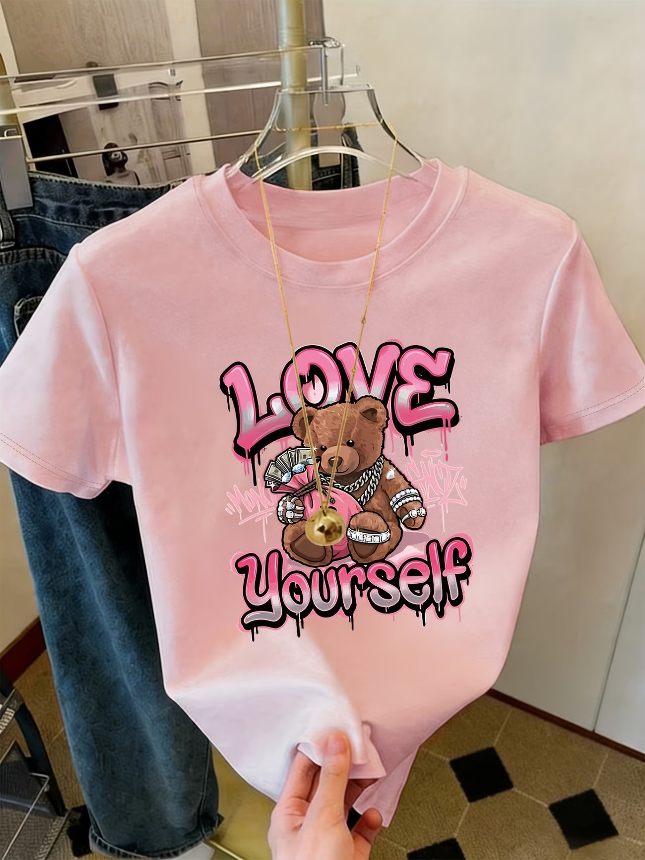 LOVE Letter & Money Bear Print Women's T-Shirt