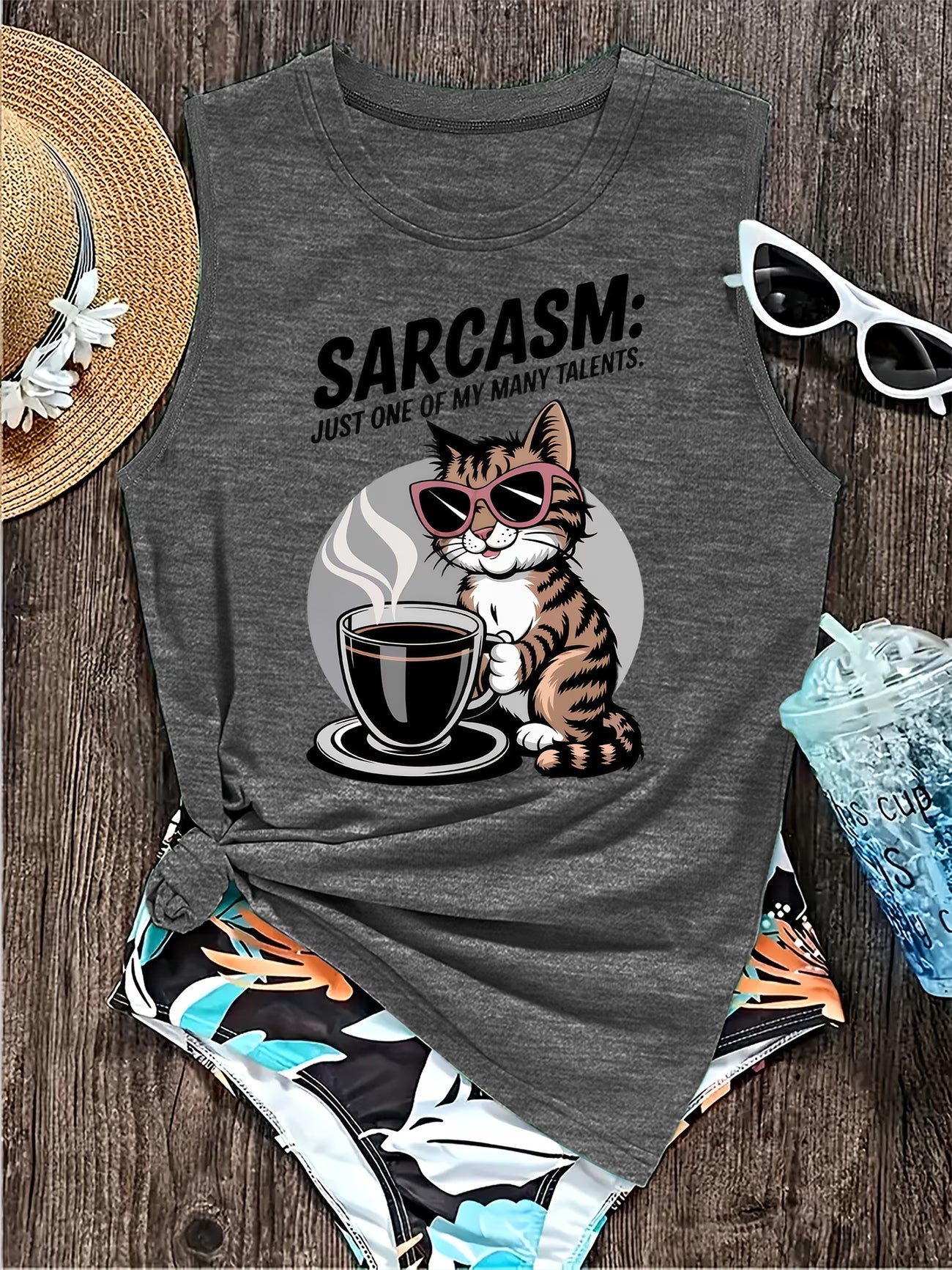 Women's Sarcasm, Cool Cats & Coffee Print Sleeveless Vest