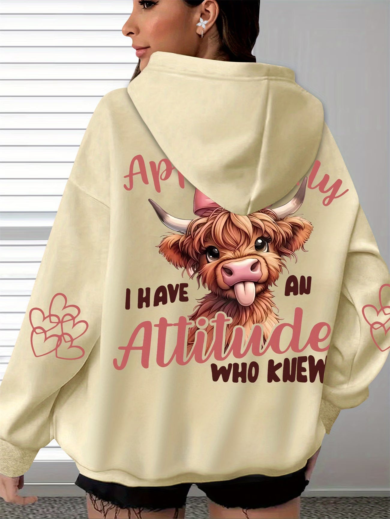 Cow Print 'I Have An Attitude, Who Knew' Women's Soft Casual Long-Sleeve Pocket Top hoodie