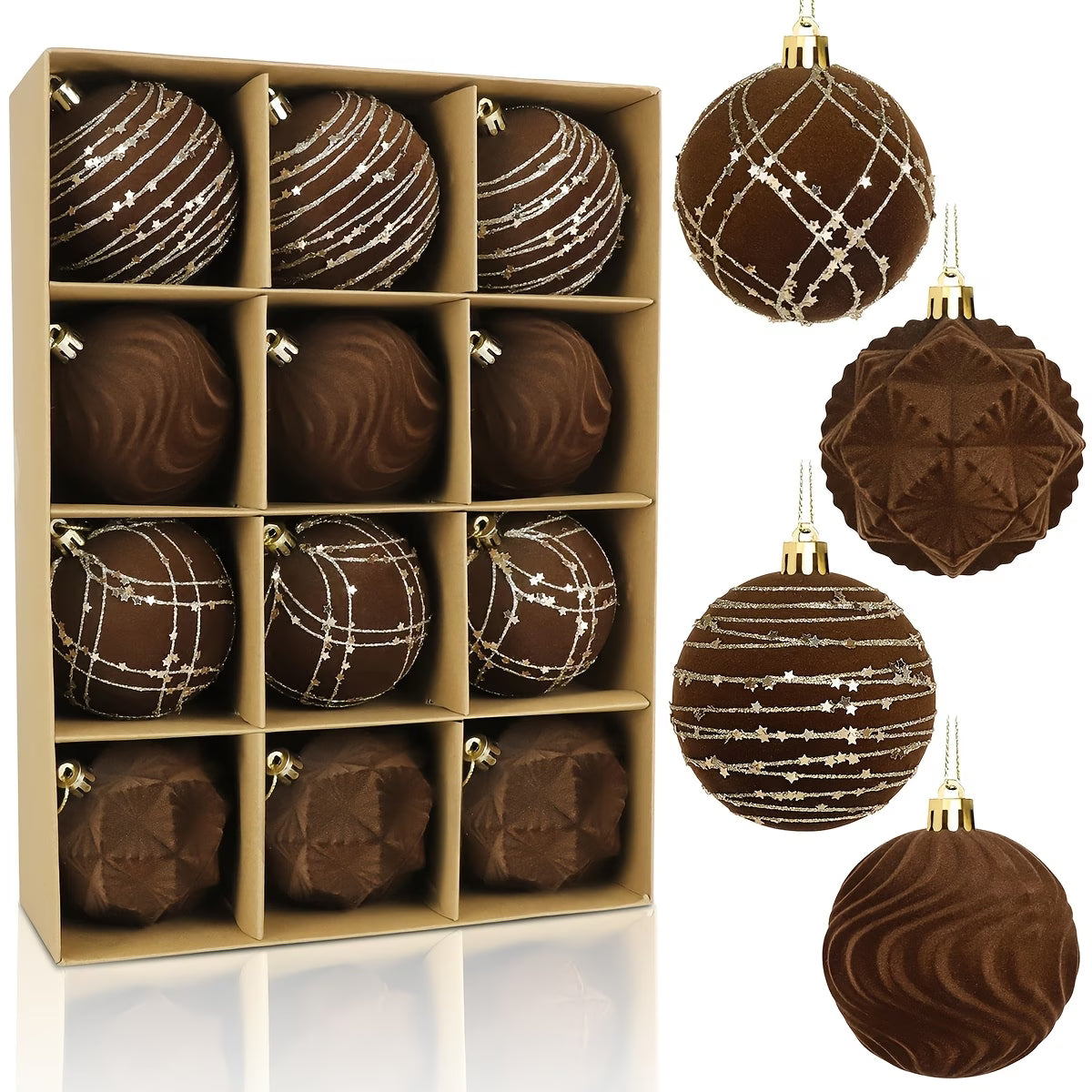 Velvet Christmas Ornament Balls - 6cm, 12pcs (Burgundy, Brown, Blue, Green)