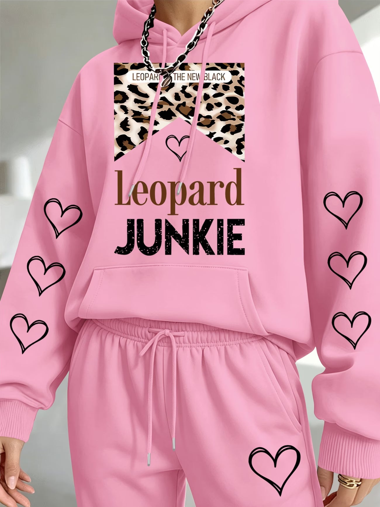 Leopard Junkie Heart Print Hooded Sweatshirt & Joggers Set