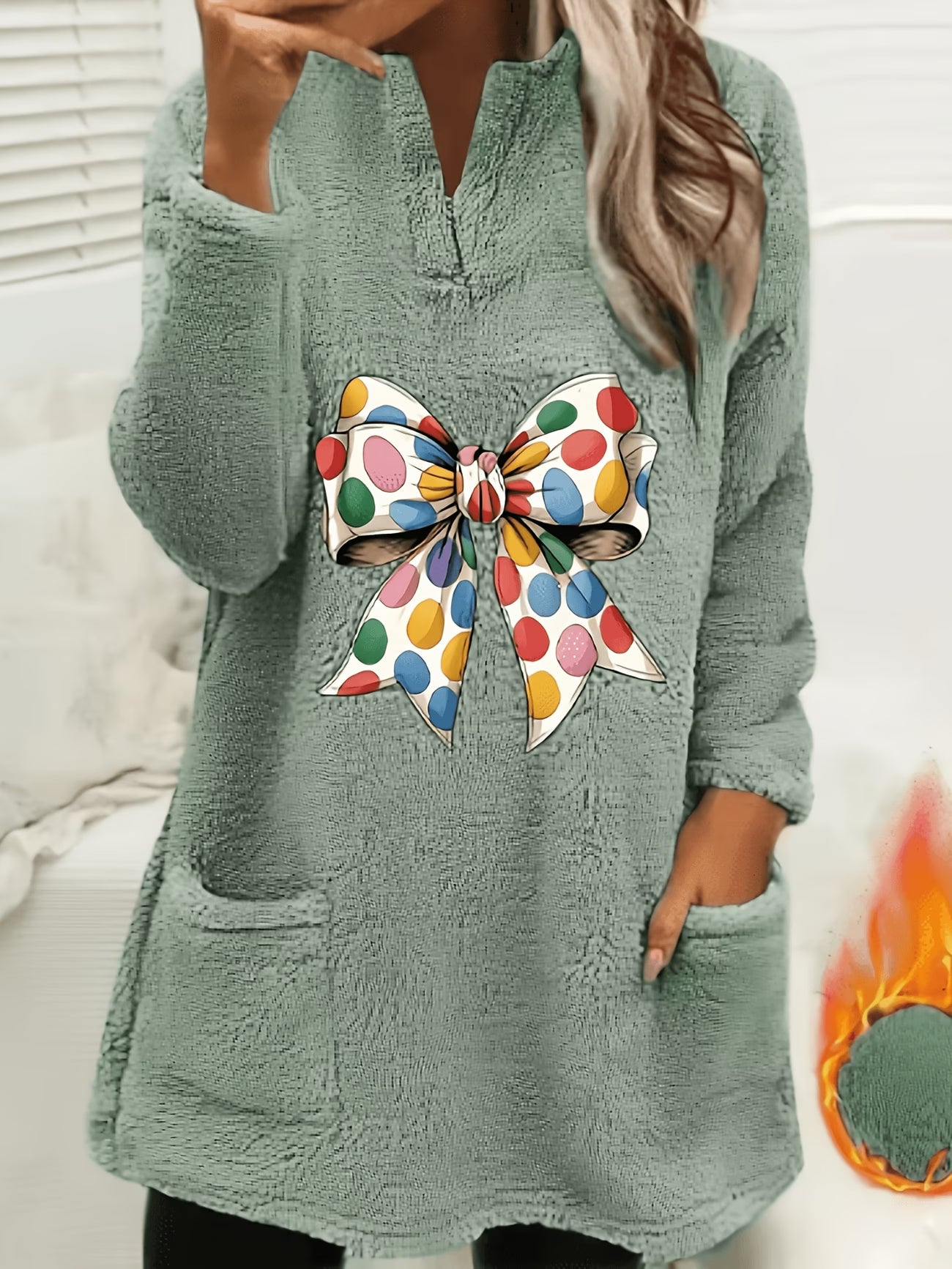 Bow Print Plush Pullover Sweatshirt – V-Neck Patchwork Fleece Top