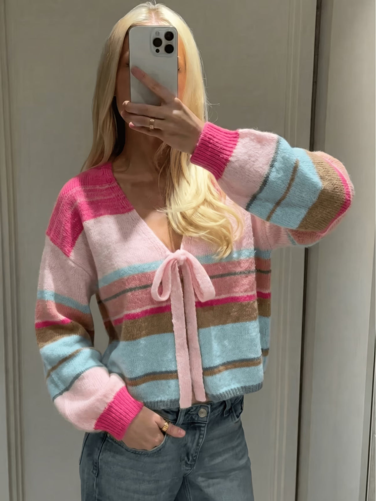Colour-Block Striped V-Neck Cardigan with Pink Tie