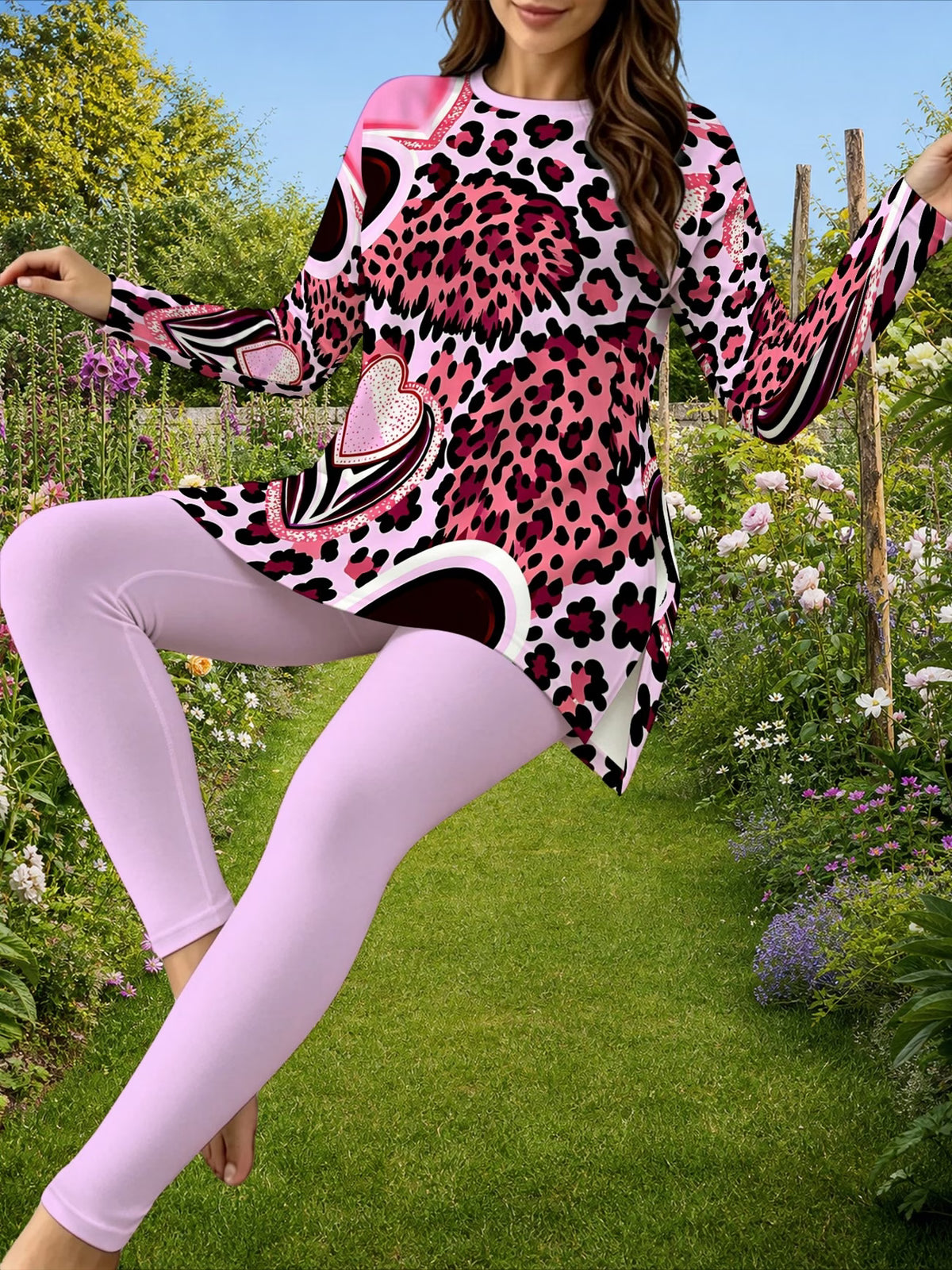 Women's Leopard & Heart Print Trouser Set