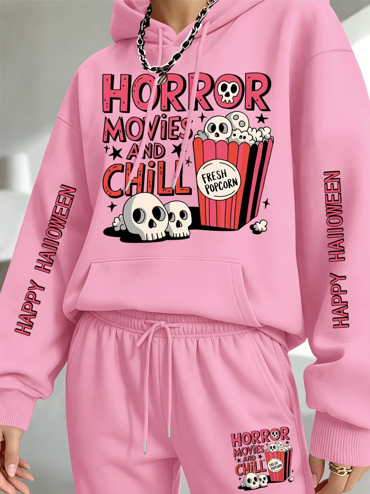 Halloween Skull & Popcorn Hooded Sweatshirt & Joggers Set