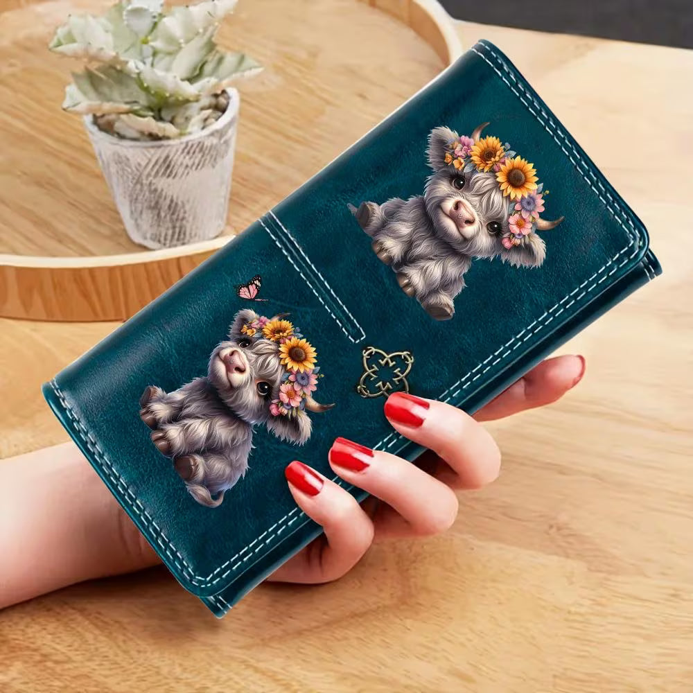 Vintage Tri-Fold Highland Cow Wallet – 2D Calf Print Long Clutch Purse