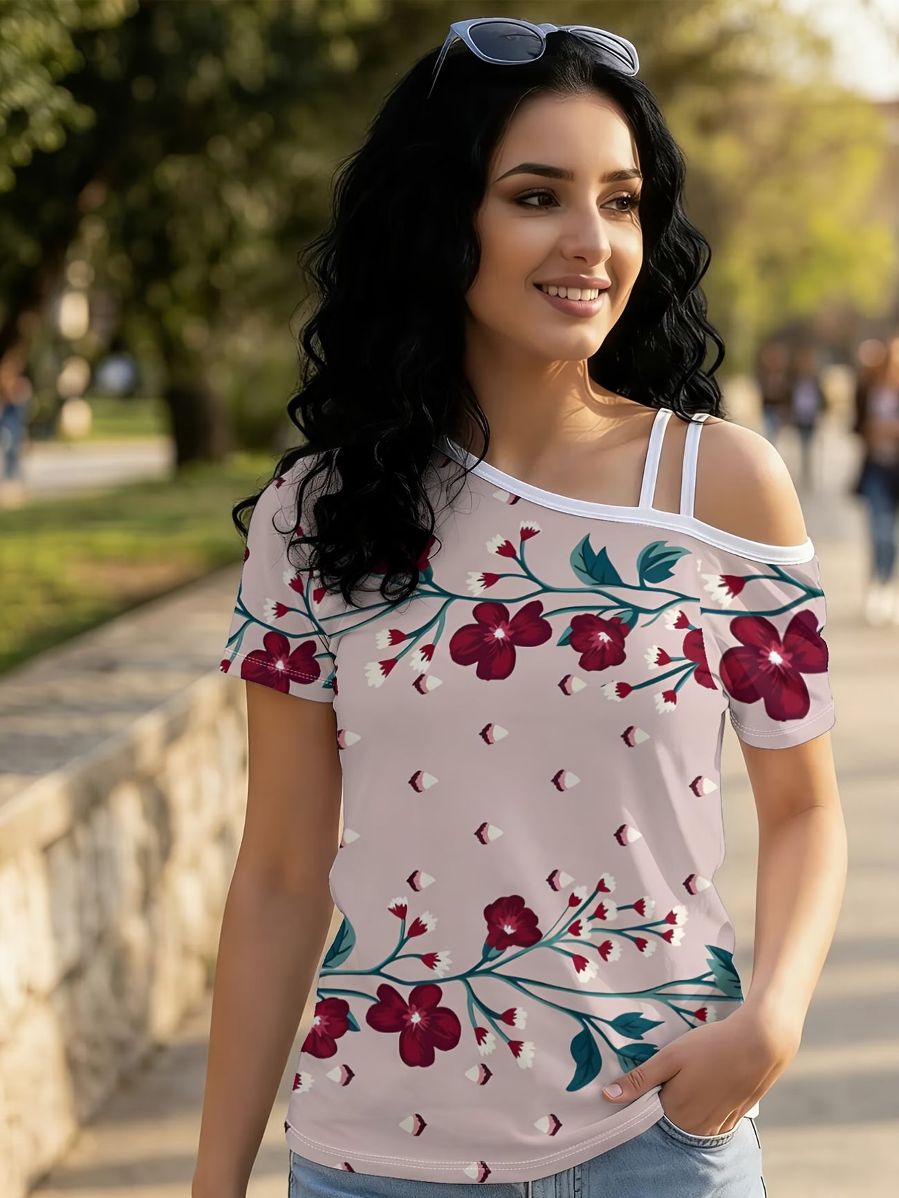 Vintage Red Floral Vine Women'S Single Shoulder Short Sleeve T-Shirt with Unique Asymmetrical Design And Trendy Prints