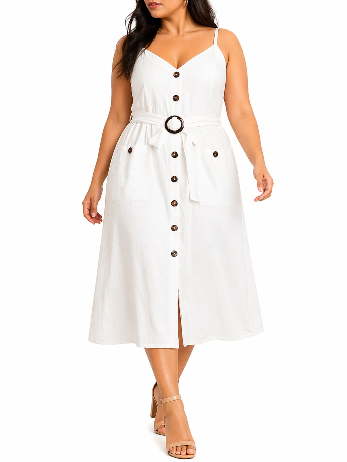 Sleeveless Button Front Maxi Dress with Tie Waist & Pockets – Plus Size
