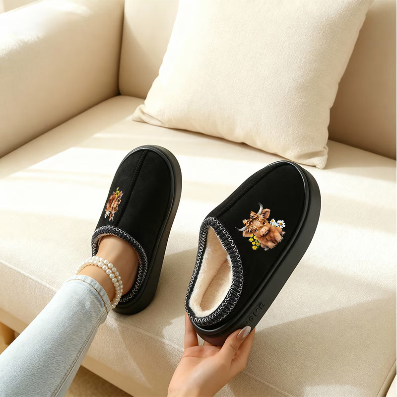 Sunflower Highland Cow Print Slippers – Women's & Unisex Plus Size