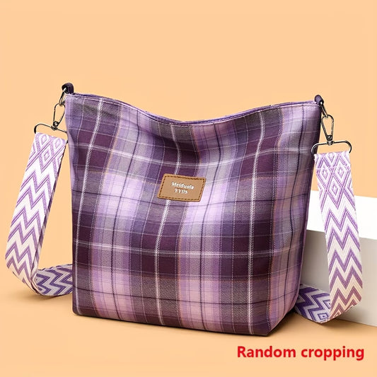 Ladies' Leisure Large-capacity Messenger Bag Tote Bag, Plaid Decorative Nylon Cloth with Wide Shoulder Strap,
