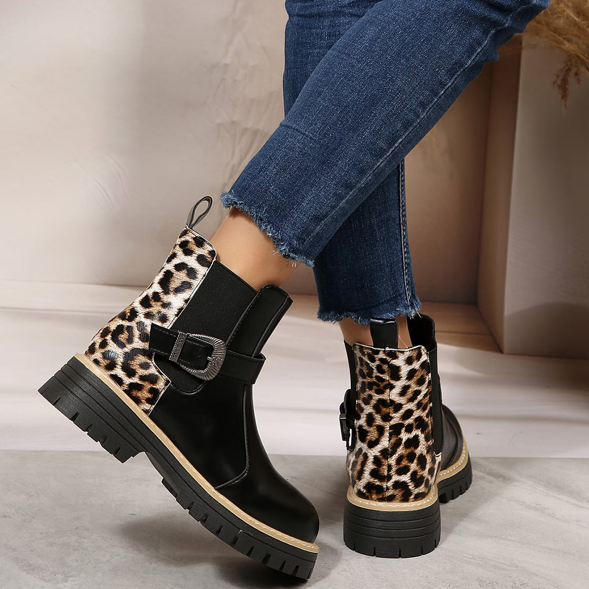Women’s Leopard Print Buckle Chelsea Boots