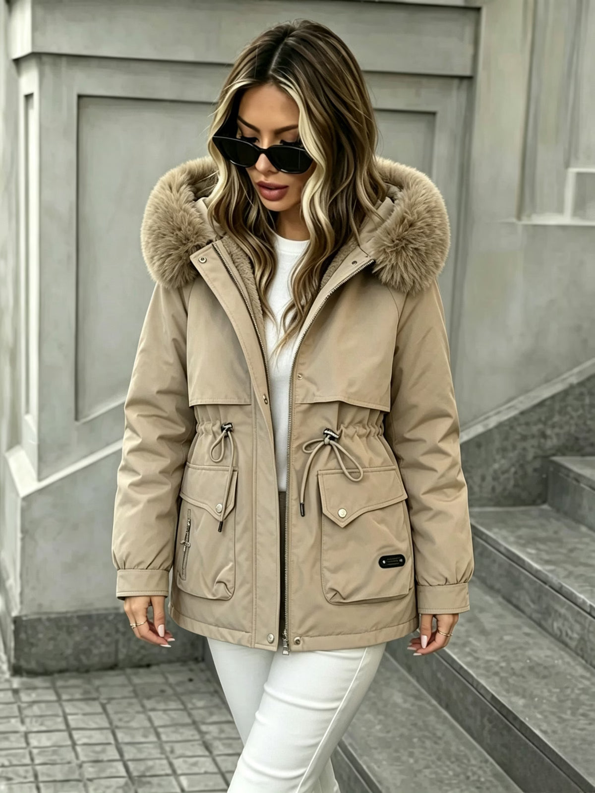 Women's Fleece-Lined Winter Parka – Big Hood, Drawstring Waist & Pockets