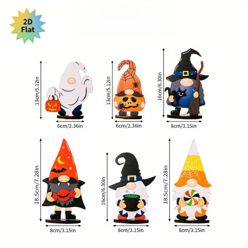 2D Flat Wooden Halloween Gnome Figurine Decoration Set (Set of 6)