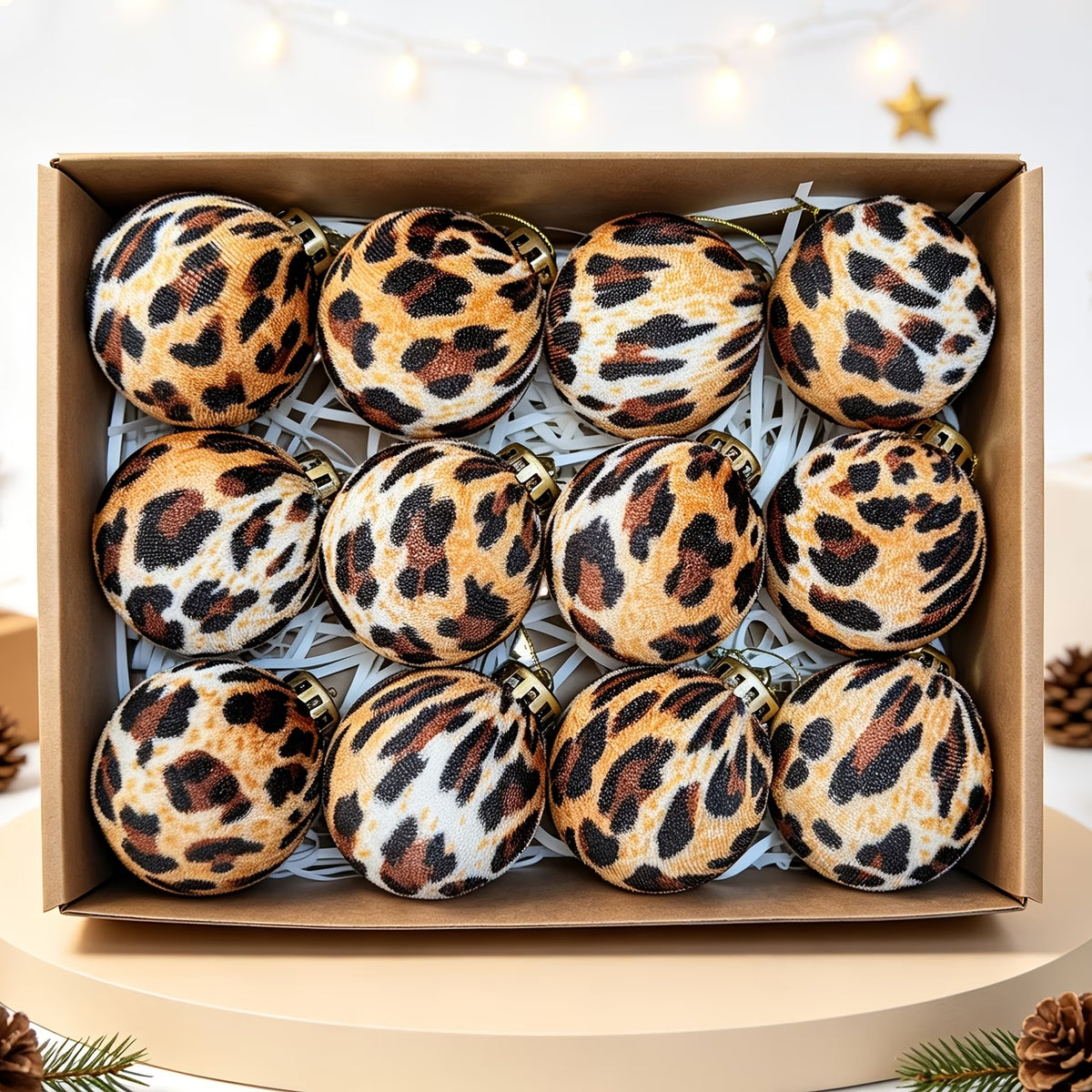 Leopard Print Christmas Ornament Balls - 6cm, Box of 12 Hanging Decorations