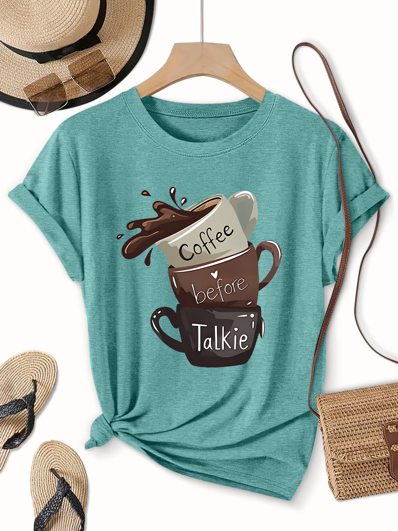 "Coffee Before Talkie" Slogan Tee – Plus Size Round Neck Top