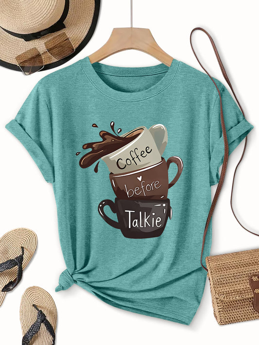 "Coffee Before Talkie" Slogan Tee – Plus Size Round Neck Top