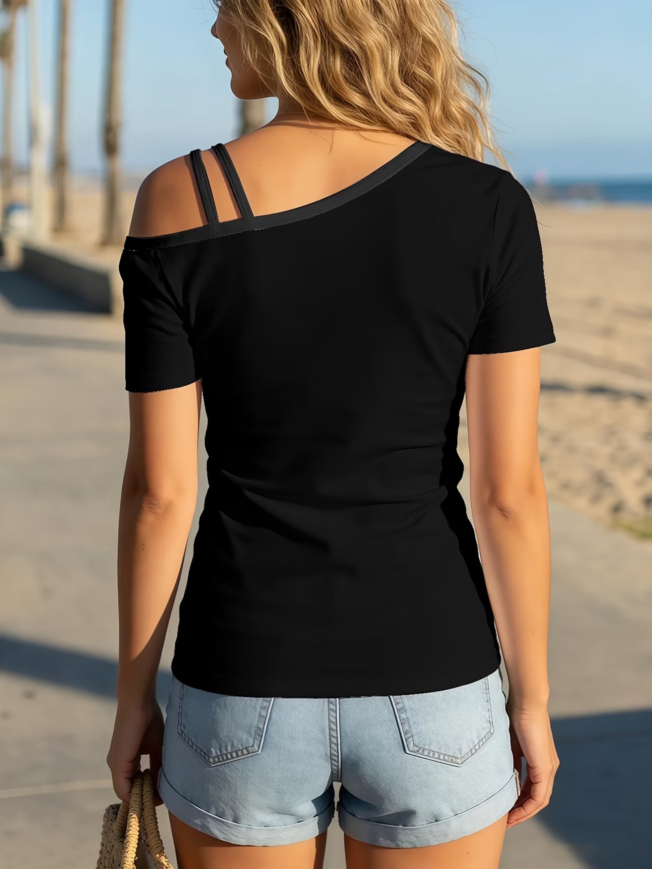 Stylish One-Shoulder Short-Sleeve T-Shirt for Baseball Moms Featuring a Distinctive Asymmetrical Design And Fashionable Prints.