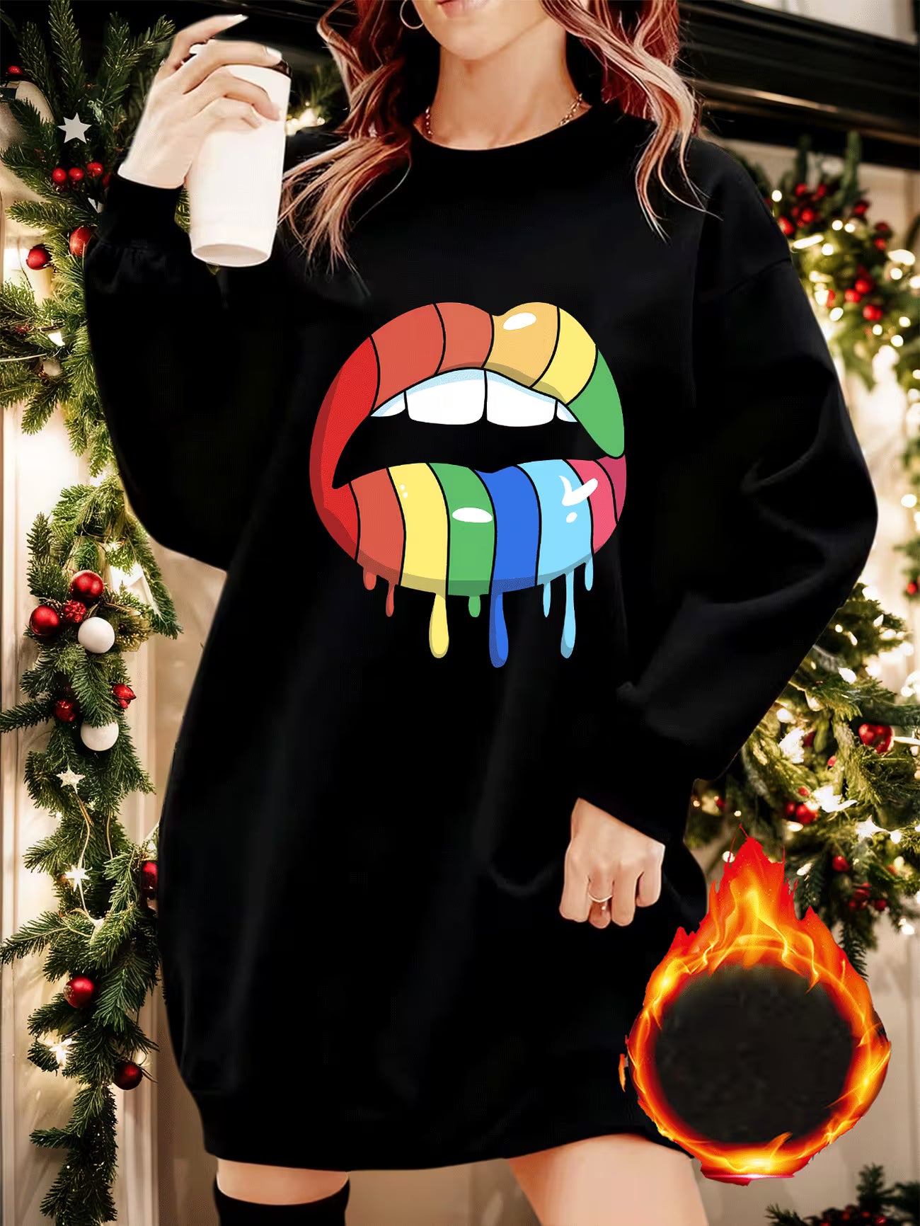Rainbow Gradient Lip Print Lined Sweatshirt Dress