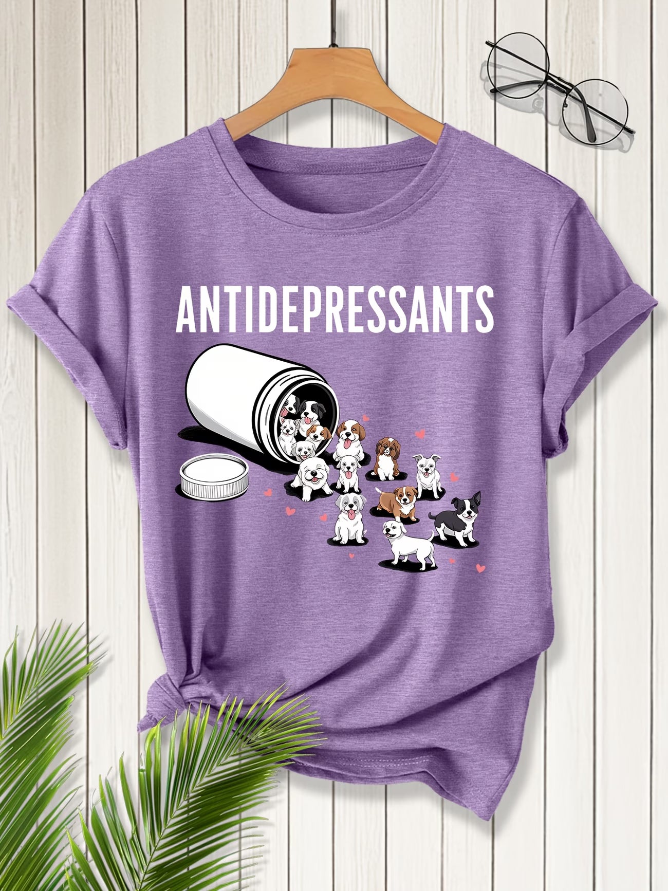 Women's Short Sleeve Cute Puppy "Antidepressant" Print Round Neck T-Shirt