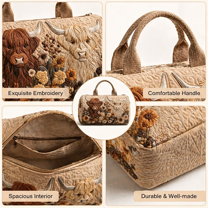 Highland Cow Floral Embroidered Quilted Duffle Bag