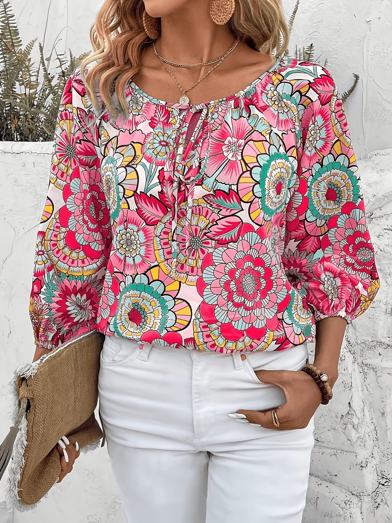 a Randomly Printed V-Neck Vacation Style Elegant Casual Shirt